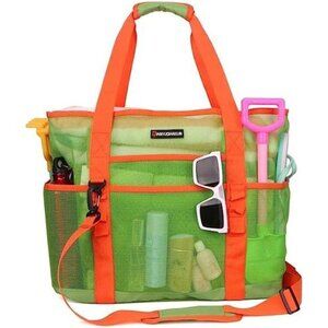 Mesh Beach Bag 40L Large with 9 Pockets Bag Green and Orange